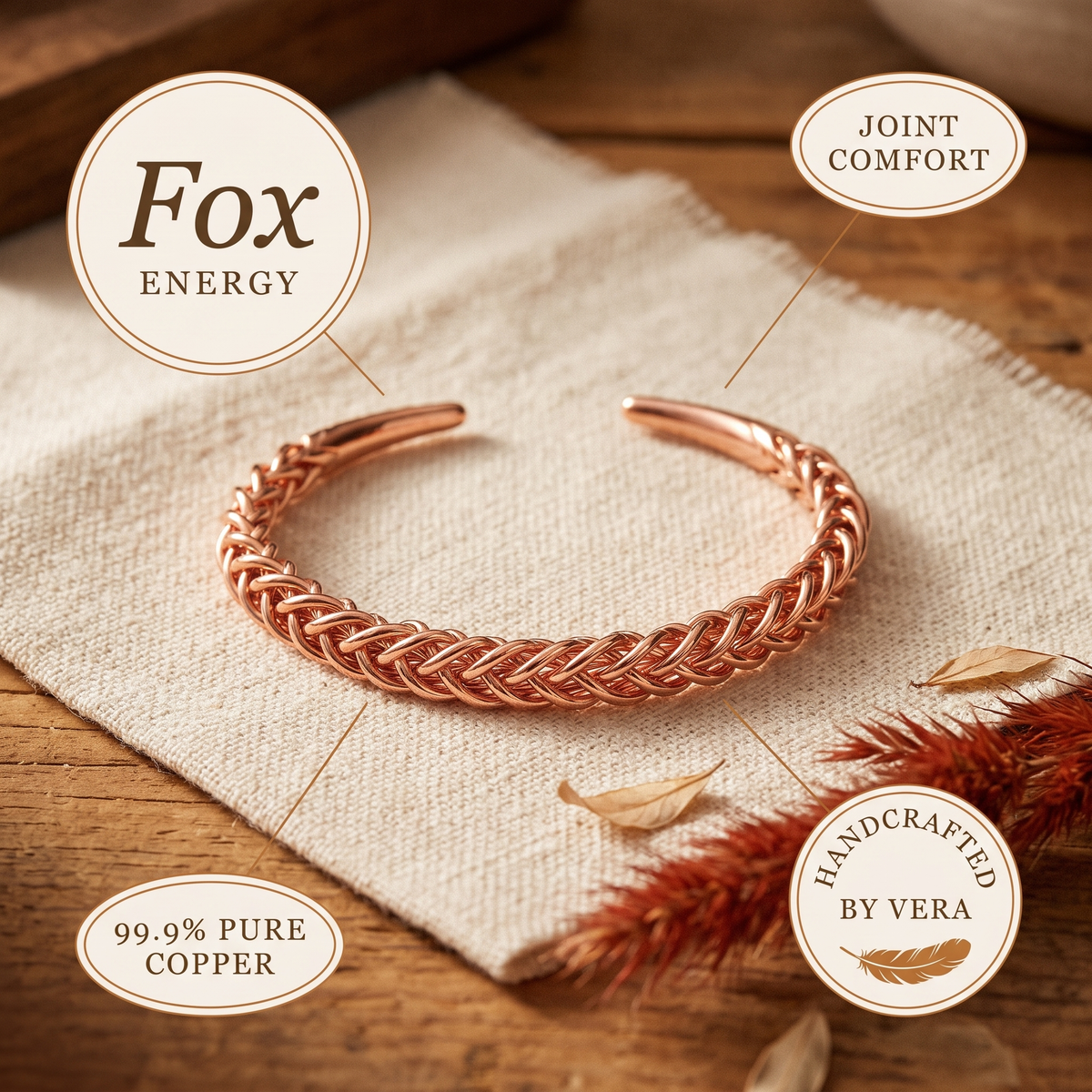 Pulseira de Cobre da Nancy com Design de Raposa