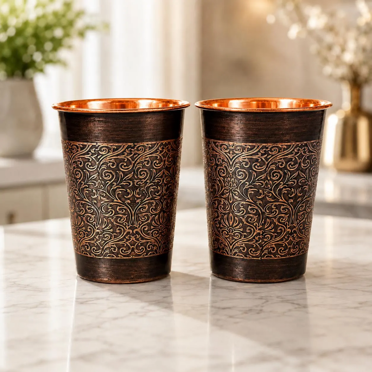 Conjunto de 2 Copos de Bebida em Cobre Puro Floral da Nancy